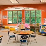 The colorful kindergarten rooms, featuring a prominent arch setting the stage for group reading and creative play, were key to Mosaic Associates Architects Shatekon Elementary School design.