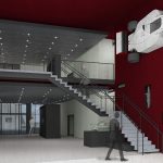 Mosaic Associates architectural design rendering for the Gene Haas Center for Advanced Manufacturing Skills at Hudson Valley Community College, interior staircase north.