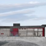 Mosaic Associates architectural design rendering for the Gene Haas Center for Advanced Manufacturing Skills at Hudson Valley Community College, exterior north.