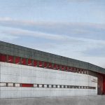 Mosaic Associates architectural design rendering for the Gene Haas Center for Advanced Manufacturing Skills at Hudson Valley Community College, southwest exterior.